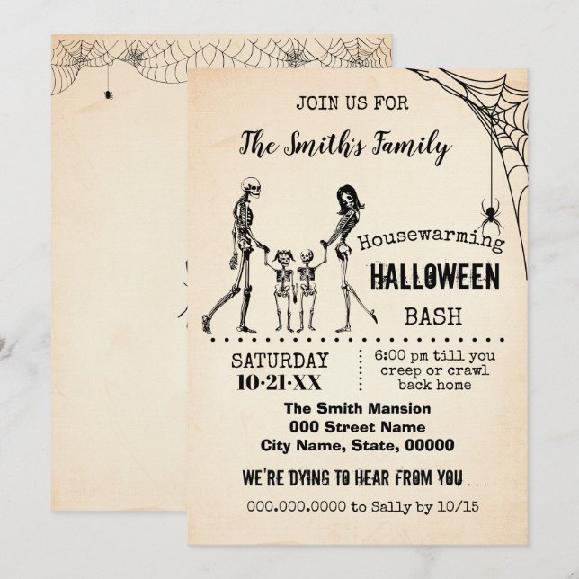 Skeleton Family Houseuppvärmning Halloween fest Ba Inbjudningar (Fram/baksida)