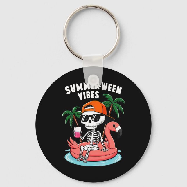 Skeleton Flamingo Summerween Vibes Halloween Boys Nyckelring (Framsida)
