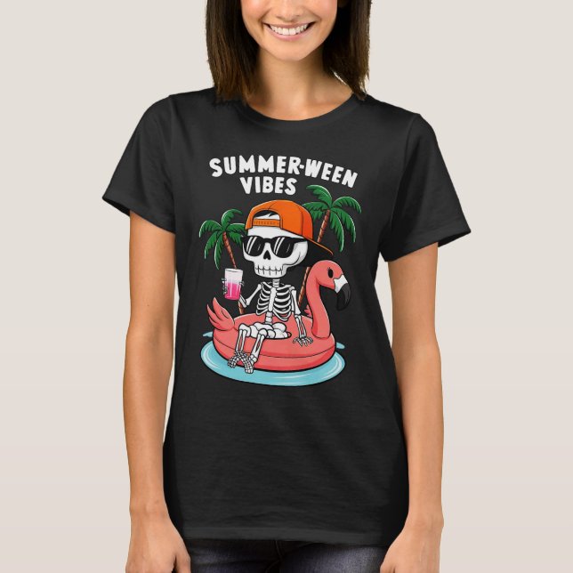 Skeleton Flamingo Summerween Vibes Halloween Boys T Shirt (Framsida)