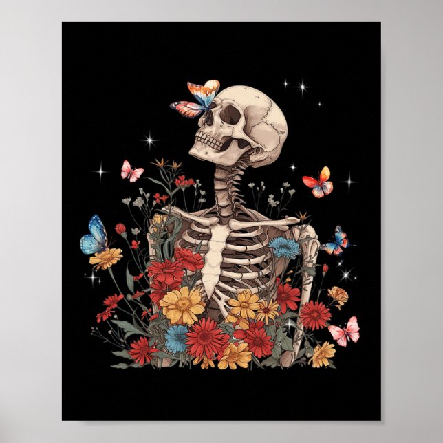 Skeleton Flowers Butterfly Blommigt Halloween Mana Poster (Framsidan)