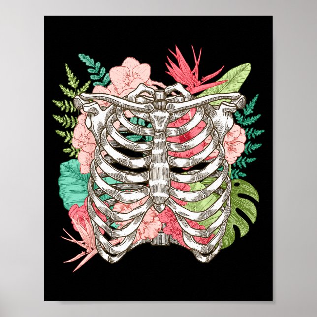 Skeleton Flowers Rib Cage X-ray Funny Halloween  Poster (Framsidan)