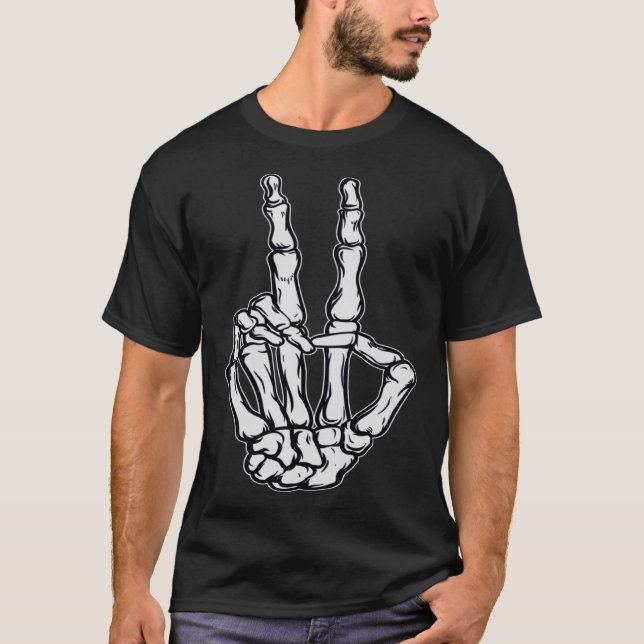 Skeleton Fredstecken Hand Peace Victory Skeleton H T Shirt (Framsida)