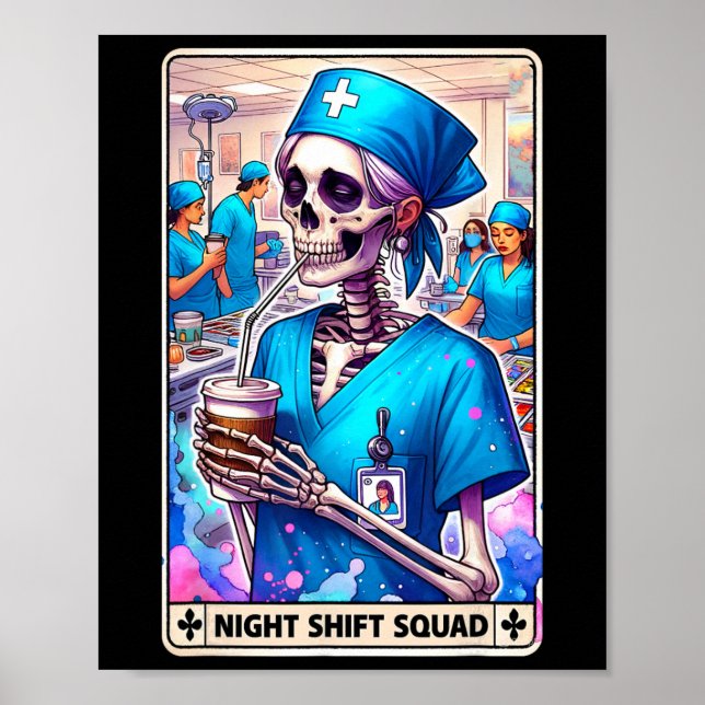 Skeleton Funny Tarot Card Natt Skift Squad Hallow Poster (Framsidan)