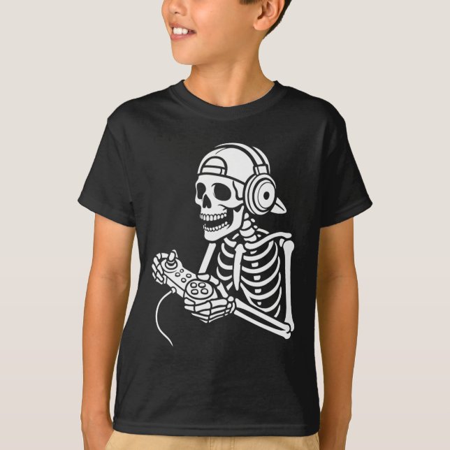 Skeleton Gamer Funny Video Gaming Controller Headp T Shirt (Framsida)