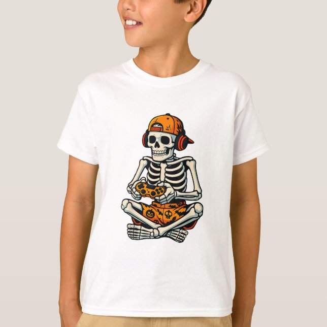 Skeleton Gamer Headphone Funny Halloween-spel T Shirt (Framsida)