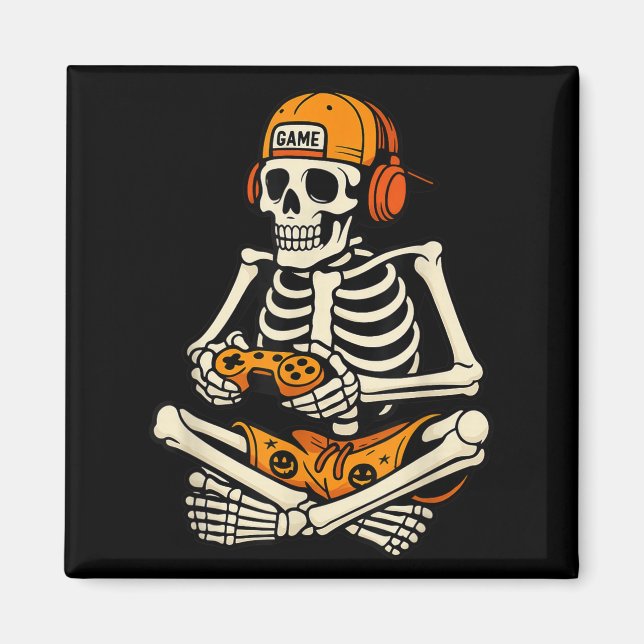 Skeleton Gamer Headphone Funny Halloween-spelbo Magnet (Framsidan)