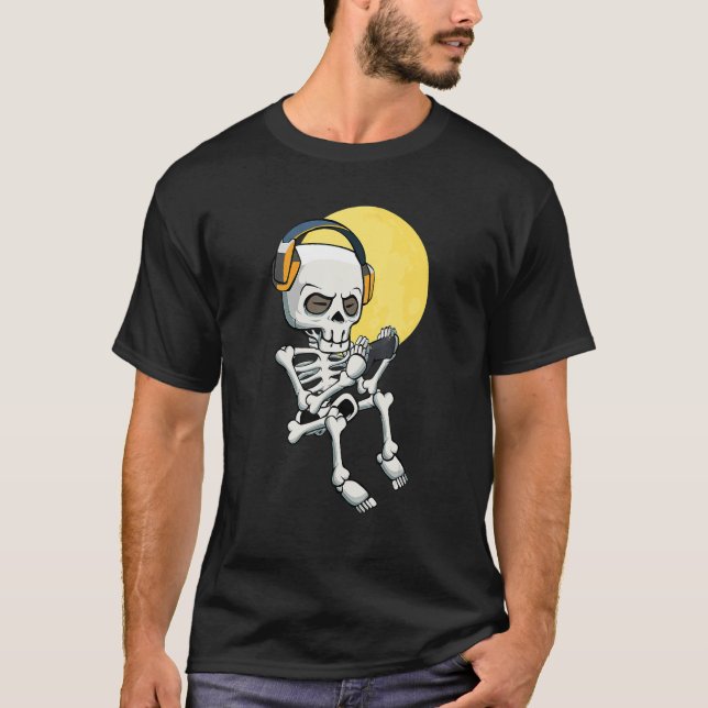 Skeleton Gamer Lazy Halloween Costume-spel Video T Shirt (Framsida)