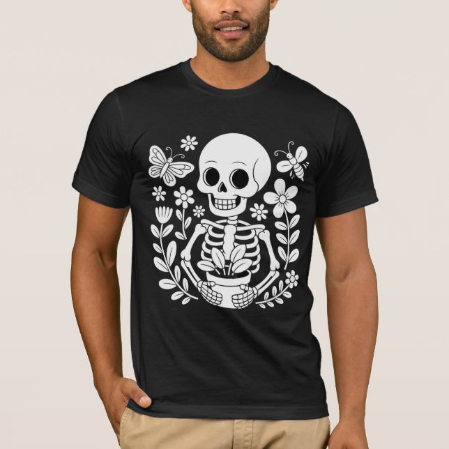 Skeleton Gardener Art Whimsical Flower Pot  T Shirt (Framsida)