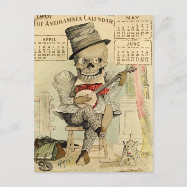 SKELETON, Goth, Banjo Player, 1901 Calendar Vykort (Framsida)