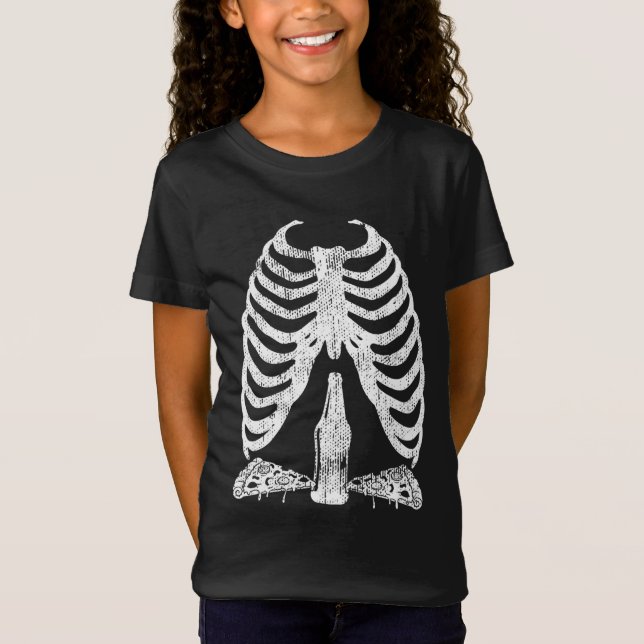 Skeleton Gravid Pizza Beer X-Ray Halloween T Shirt (Framsida)