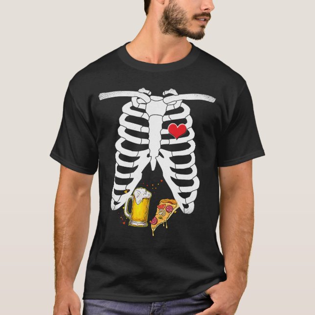 Skeleton Gravid Pizza Beer Xray Halloween Soon T Shirt (Framsida)