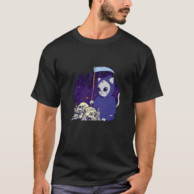 Skeleton Grim Reaper of Cat Reaper Duty Cloaked Sk T Shirt (Framsida)