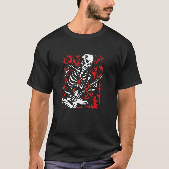 Skeleton Guitar Flame Sten för Band T Shirt (Framsida)