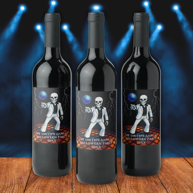 Skeleton Halloween Disco Party Tack Vinflaska Etikett (Skeleton Halloween Disco Party Thank You Wine Label)