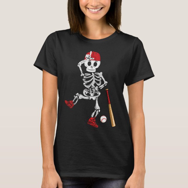 Skeleton Halloween Funny Skeleton Baseball spelar T Shirt (Framsida)