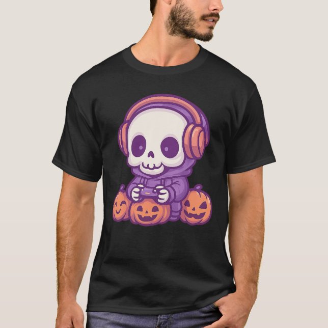 Skeleton Halloween Skull Gamer Spooky Pumpkin game T Shirt (Framsida)