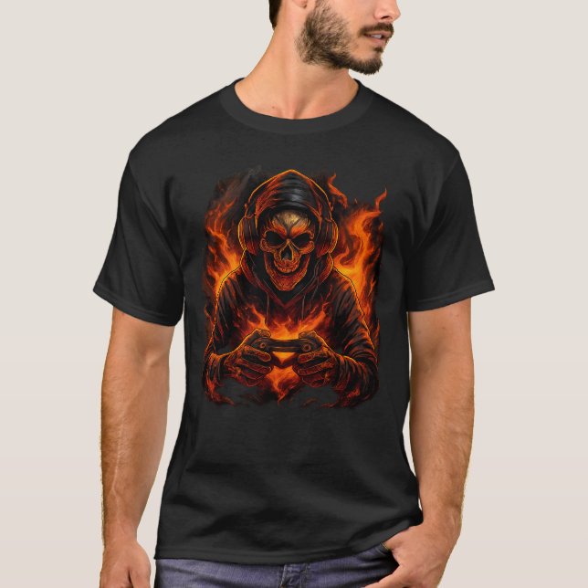 Skeleton Halloween Skull Gamer Spooky Pumpkin game T Shirt (Framsida)