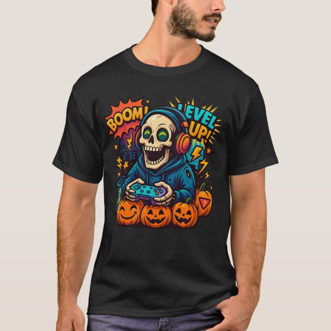 Skeleton Halloween Skull Gamer Spooky Pumpkin game T Shirt (Framsida)