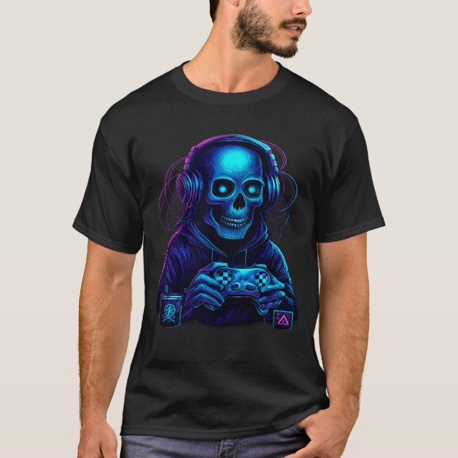 Skeleton Halloween Skull Gamer Spooky Pumpkin game T Shirt (Framsida)