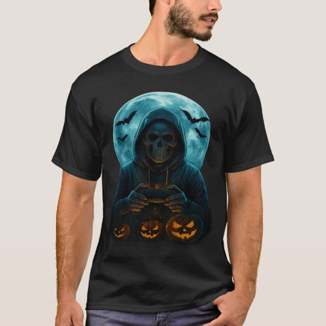 Skeleton Halloween Skull Gamer Spooky Pumpkin game T Shirt (Framsida)