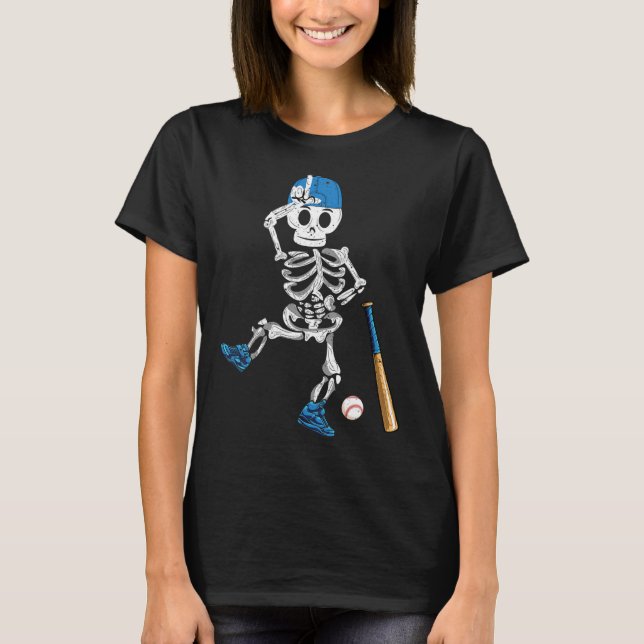 Skeleton Halloween Vintage Baseball spelar T Shirt (Framsida)