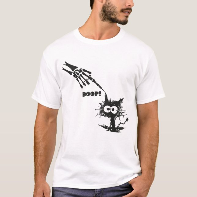 Skeleton Hand Boop på en kats huvud Funny Hallowee T Shirt (Framsida)