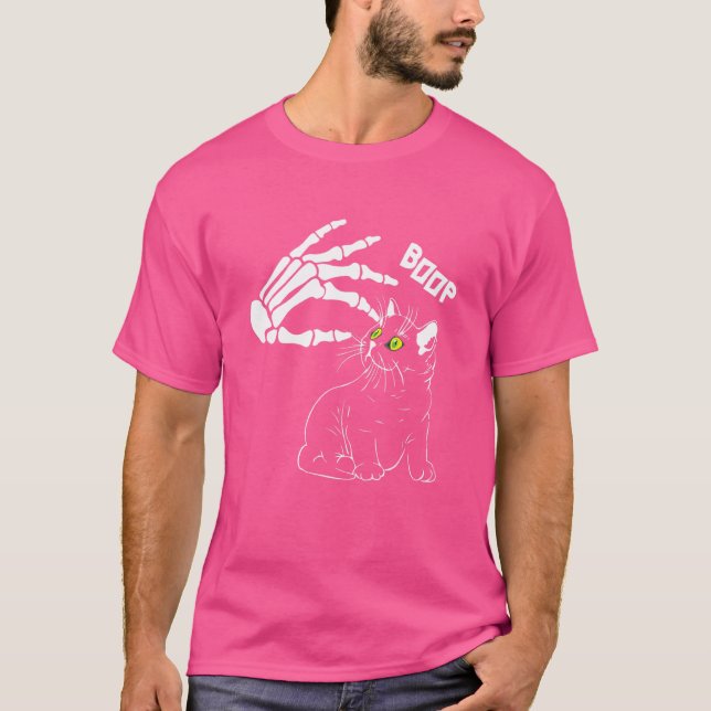 Skeleton hand boop på en kattas näshalloween-katt t shirt (Framsida)