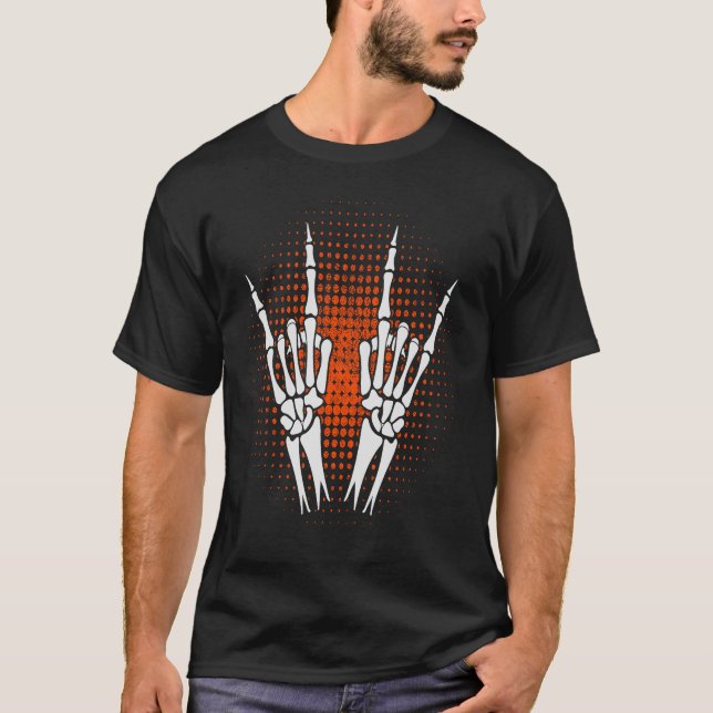 Skeleton Hand Djävulen Horns Sten Hand Gesture T Shirt (Framsida)