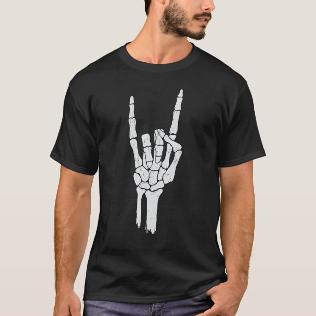 Skeleton Hand Djävulen Horns Sten Hand Gesture T Shirt (Framsida)