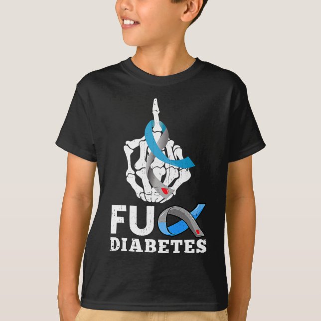 Skeleton Hand Fck Diabetes Blue Ribbon Awareness M T Shirt (Framsida)
