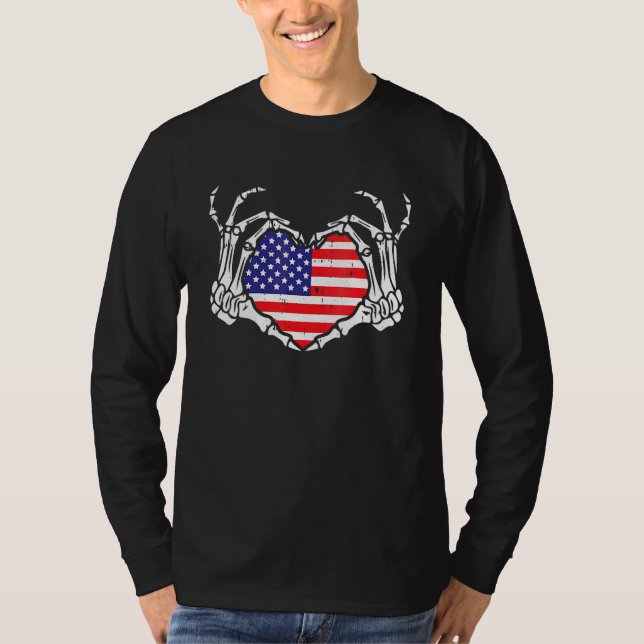 Skeleton Hand Heart 4:e juli Kärlek American Flagg T Shirt (Framsida)
