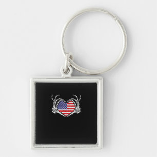 Skeleton Hand Heart 4th of American Flagga Patriot Fyrkantig Silverfärgad Nyckelring