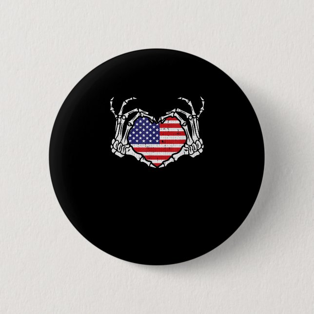Skeleton Hand Heart 4th of American Flagga Patriot Knapp (Framsida)