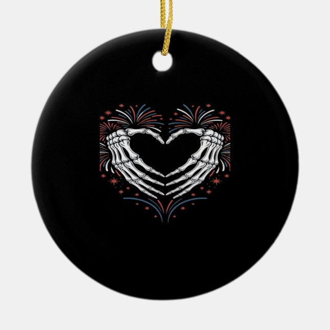 Skeleton Hand Heart 4th of USA Patriotic American Julgransprydnad Keramik (Framsidan)