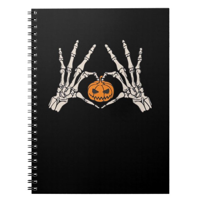Skeleton Hand Heart och Pumpkin Funny Skullfett Ha Anteckningsbok (Framsidan)