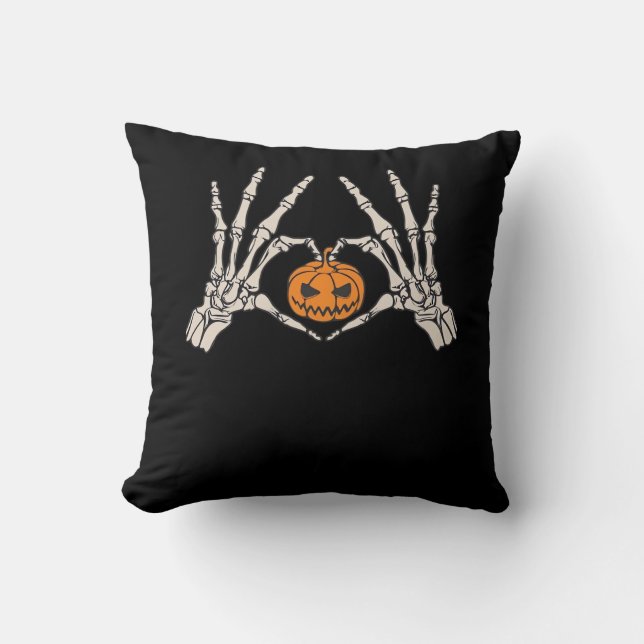 Skeleton Hand Heart och Pumpkin Funny Skullfett Ha Kudde (Framsida)