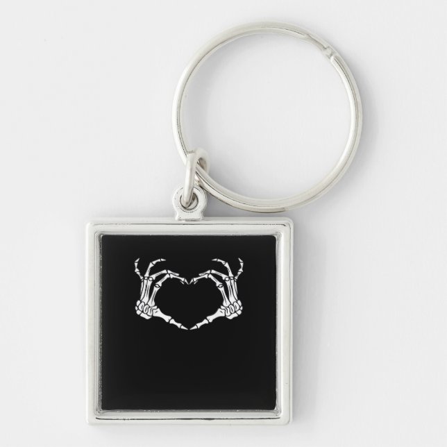 Skeleton Hand Heart Sign Costume Funny Halloween Fyrkantig Silverfärgad Nyckelring (Framsidan)