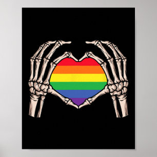 Skeleton Hand Heart Sign Retro Halloween Lgbt Rain Poster