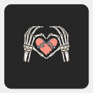 Skeleton Hand Heart Skateboard Valentines day Funn Fyrkantigt Klistermärke
