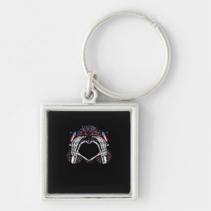 Skeleton Hand Heart USA Patriotic American Fyrkantig Silverfärgad Nyckelring