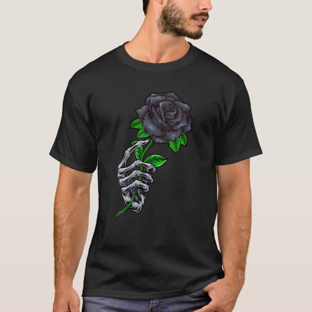 Skeleton Hand Holding A Black Ro Funny Tattoo Lo T Shirt (Framsida)