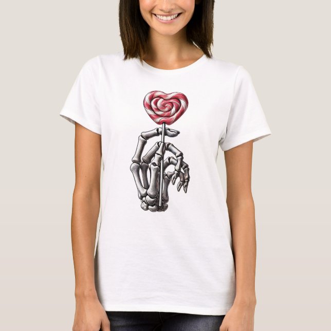 Skeleton Hand Holding Heart Lollipop T Shirt (Framsida)