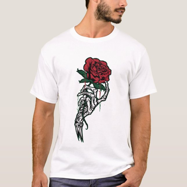 Skeleton Hand Holding Red Rose — Edgy Valentine’s  T Shirt (Framsida)