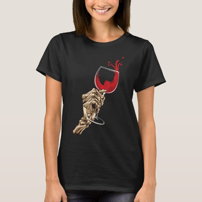 Skeleton Hand Holding Red Vin Glass Hallowine Hal T Shirt (Framsida)