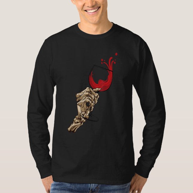 Skeleton Hand Holding Red Wine Glass Hallowine Hal T Shirt (Framsida)