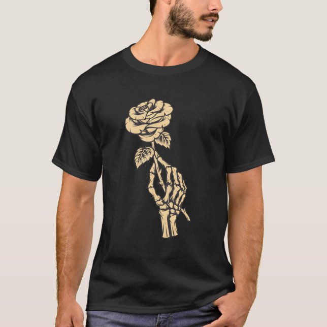 Skeleton Hand Holding Ro Aesthetic Red Flower T Shirt (Framsida)