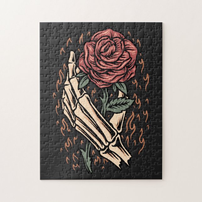 Skeleton Hand Holding Ro Flower Gothic Blommigt Pussel (Vertikal)