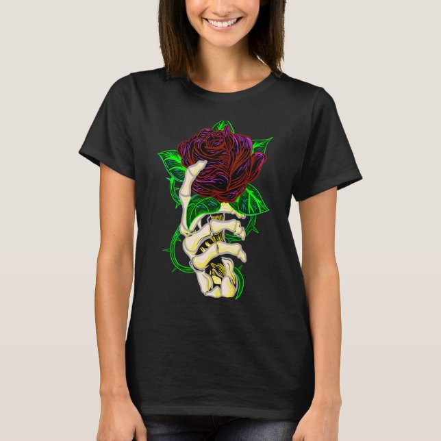 Skeleton Hand Holding Ro Tattoo T Shirt (Framsida)