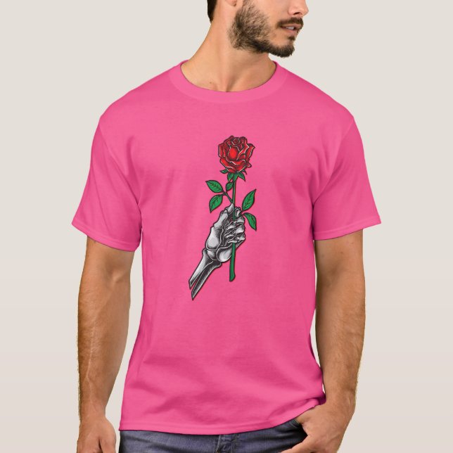 Skeleton Hand Holding Röd ros Flower Graphic T Shirt (Framsida)