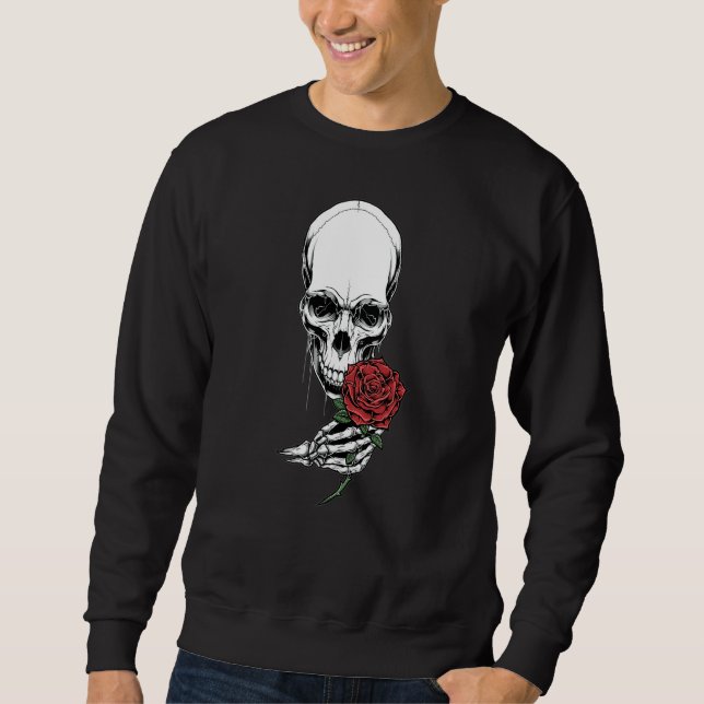 Skeleton Hand Holding Röd ros Stem Tat Lång Ärmad Tröja (Framsida)